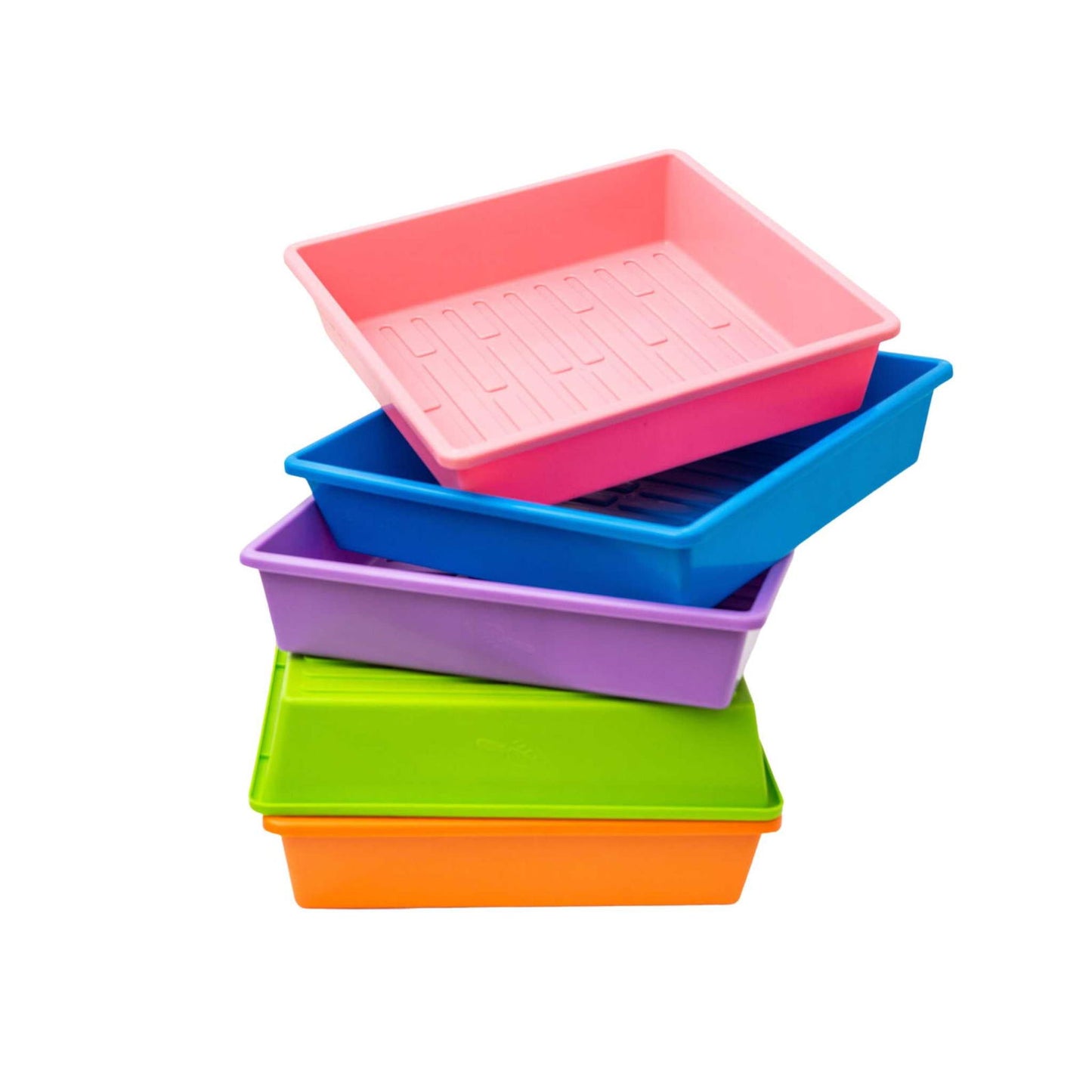 Plastic photo trays in pink blue purple green and orange stacked on a white background.