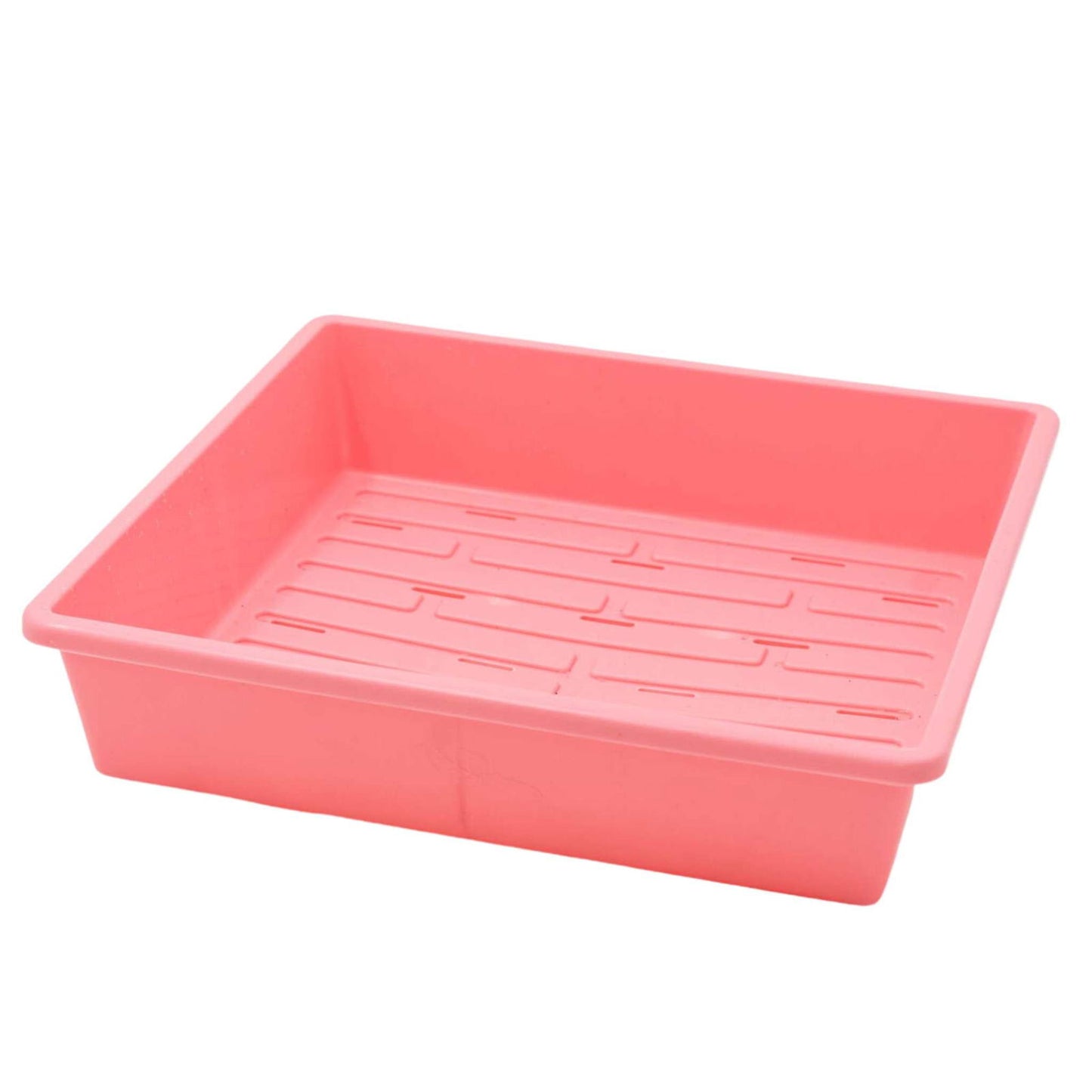 Plastic rectangular pink seed tray with drainage holes and a textured bottom for aeration showcasing its bright color and simple design
