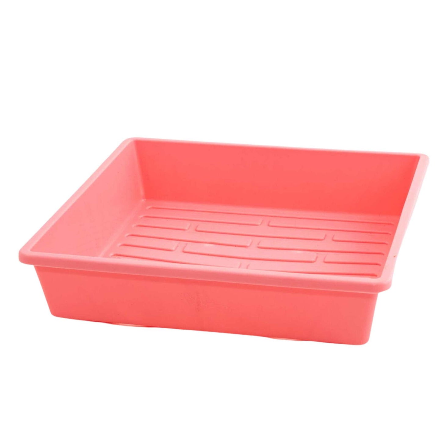 Plastic tray with a light coral pink hue and ridged bottom showing slight manufacturing marks on the side
