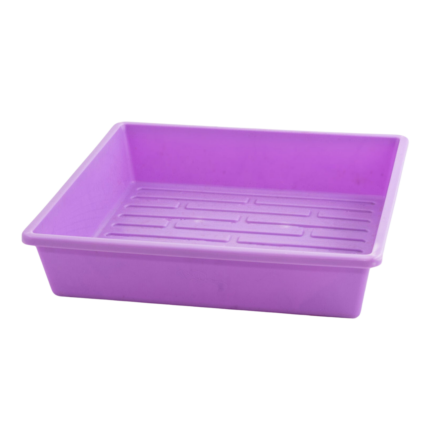 Plastic lavender-colored tray with a textured bottom and slightly raised edges showing a subtle leaf-like imprint on its side against a white background
