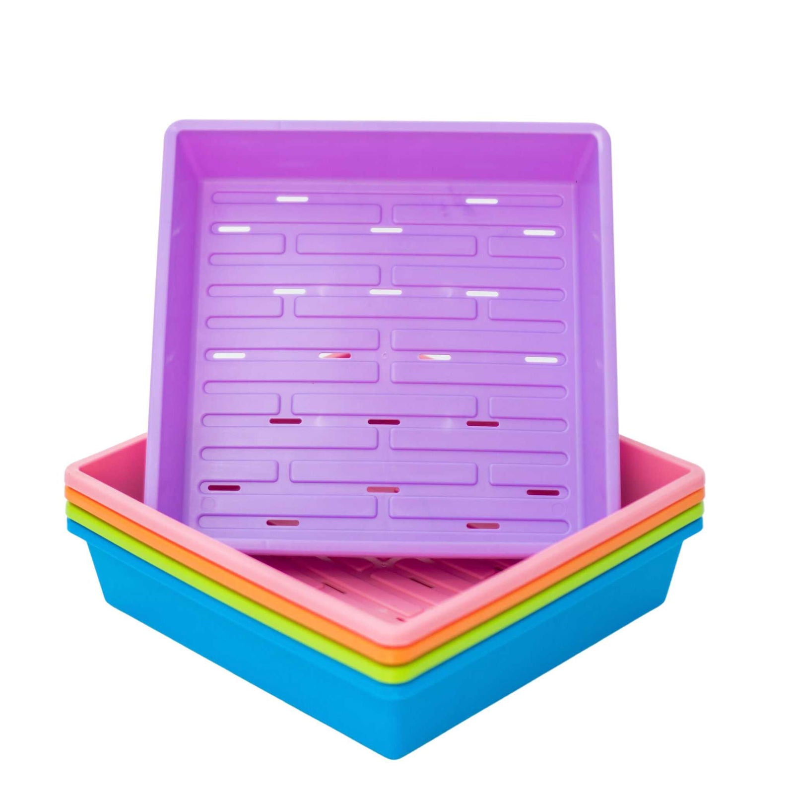 Plastic trays in lavender, pink, orange and blue on a white background  showing a pattern of rectangular cutouts and vibrant colors
