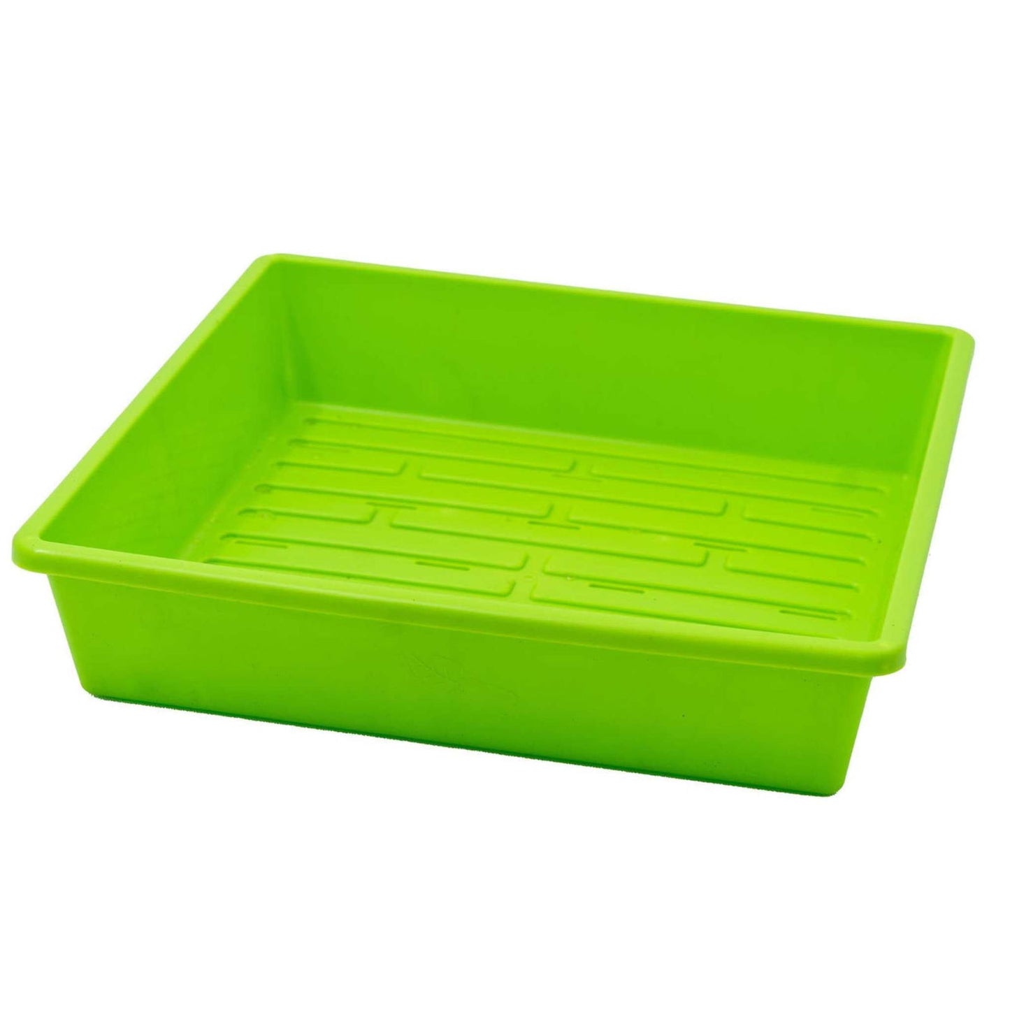 Plastic seedling tray bright lime green rectangular shape with drainage holes and embossed textured bottom
