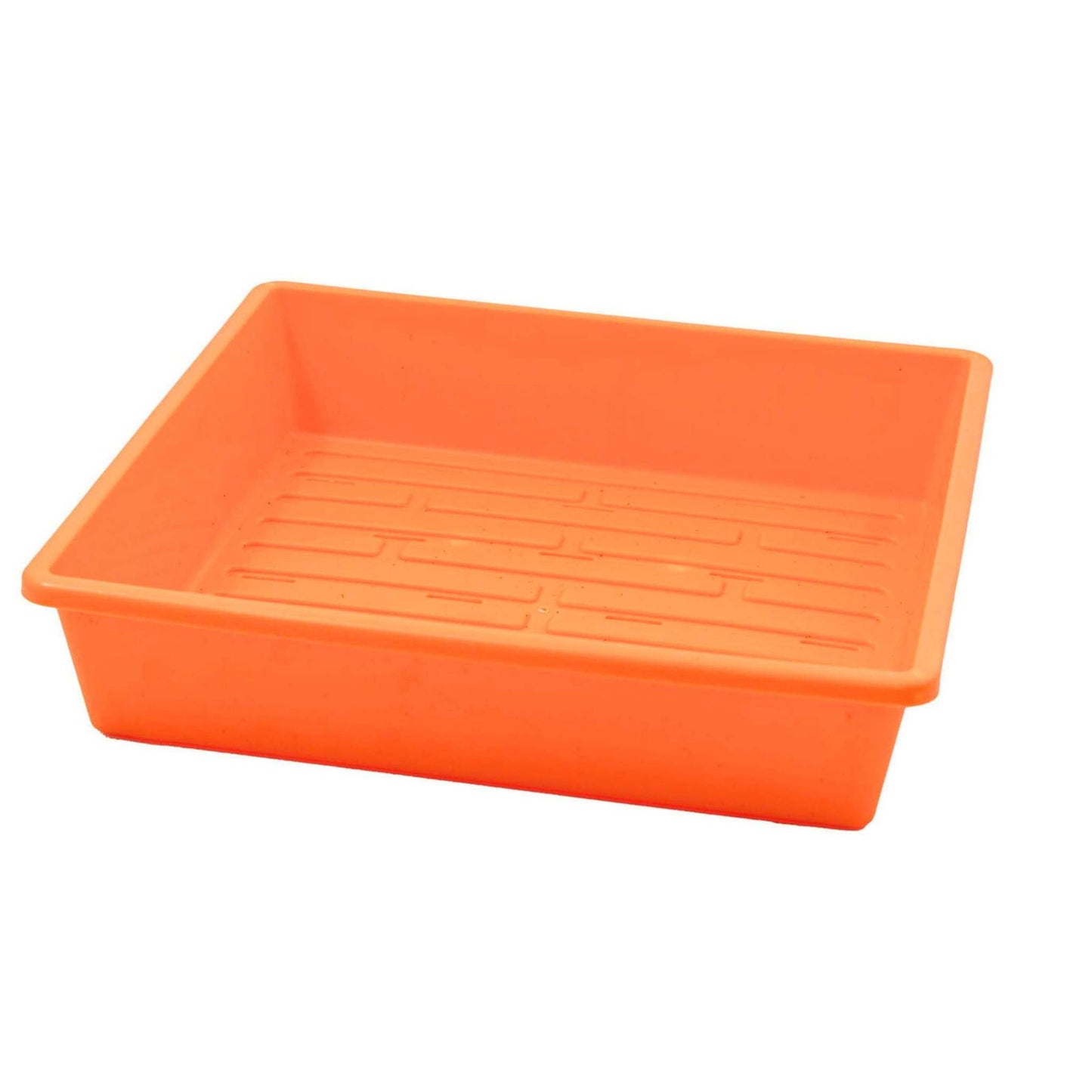 Plastic tray with drainage channels vibrant orange color rectangular shape shallow depth
