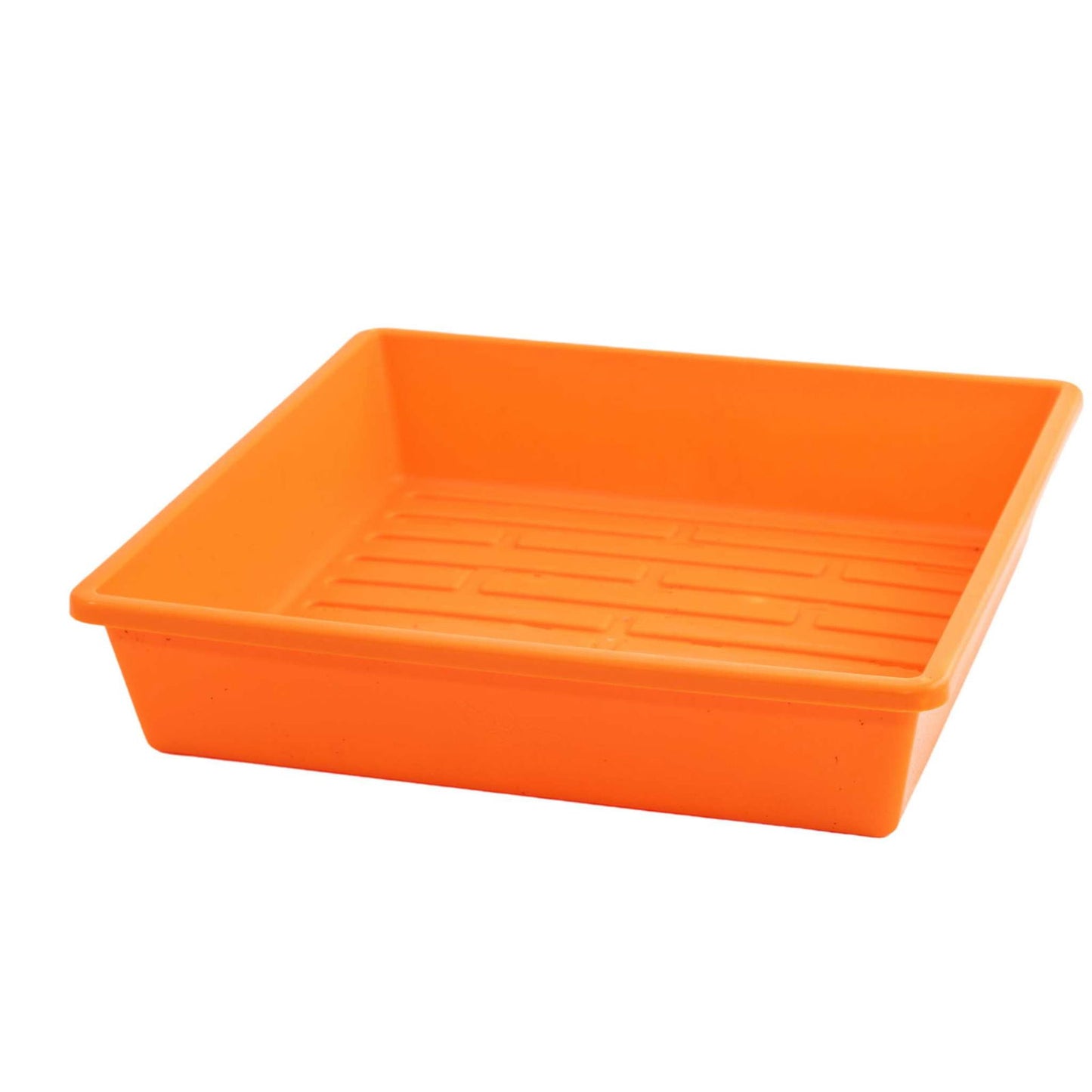 Plastic photo tray bright orange color showing ribbed bottom and square shape
