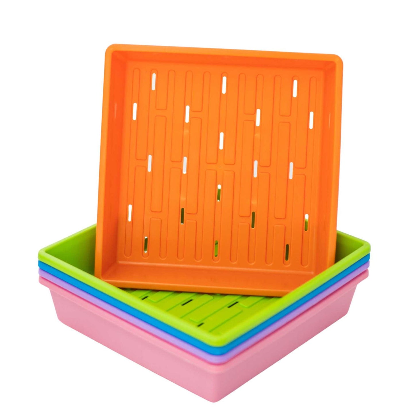 Plastic stackable trays in orange, lime green, light blue, and pink showing drainage holes against a white background
