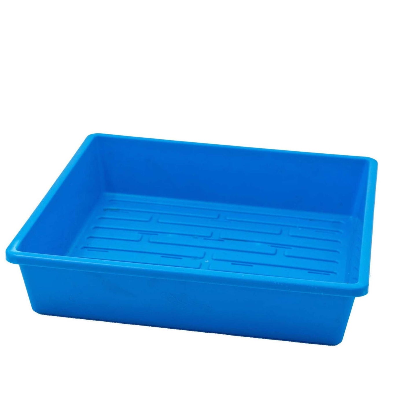 Plastic rectangular seed tray vibrant blue color showing a gridded bottom for drainage  ideal for starting seeds
