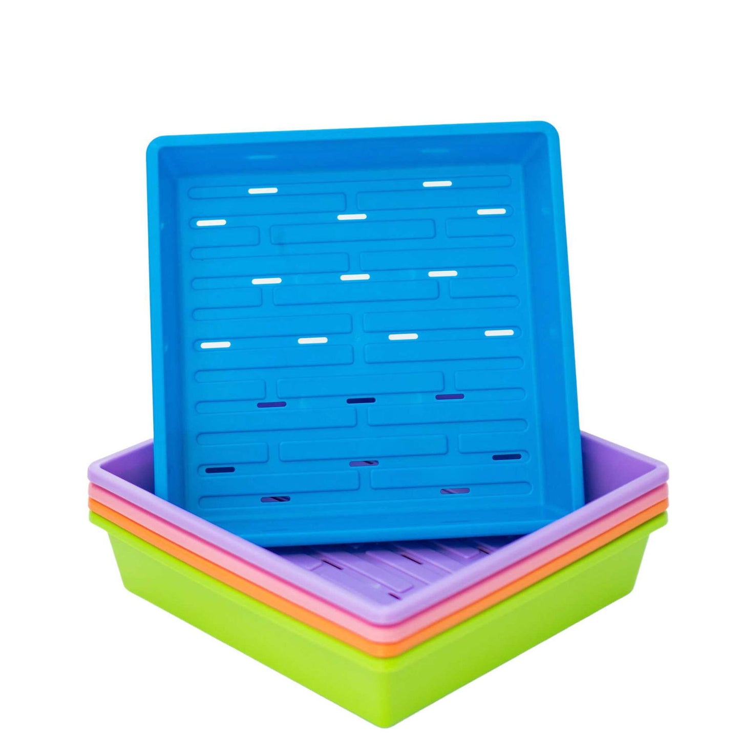 Plastic trays in bright blue, purple, pink and green colors stacked on a white background showing drainage holes and a ribbed texture
