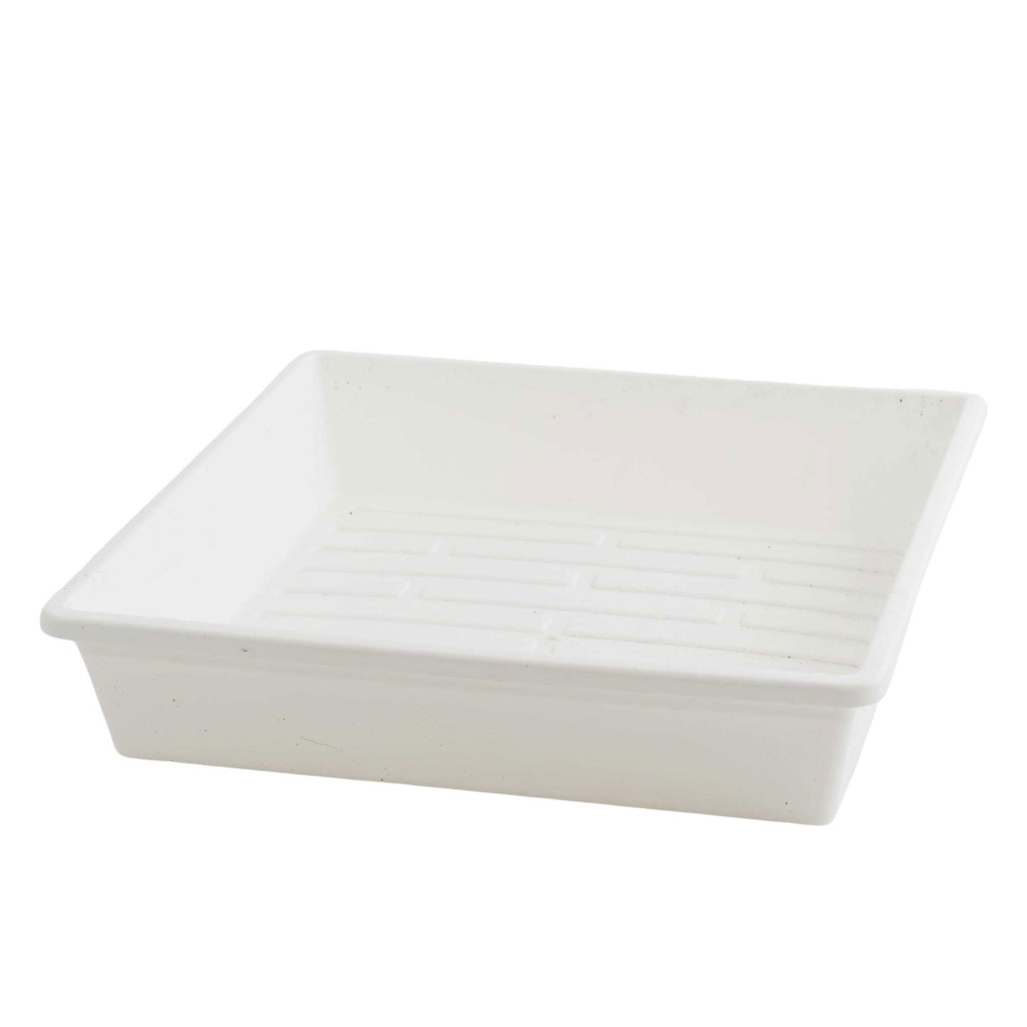 Plastic rectangular tray with subtle texture and slightly off-white hue showing minor discoloration and a gridded bottom

