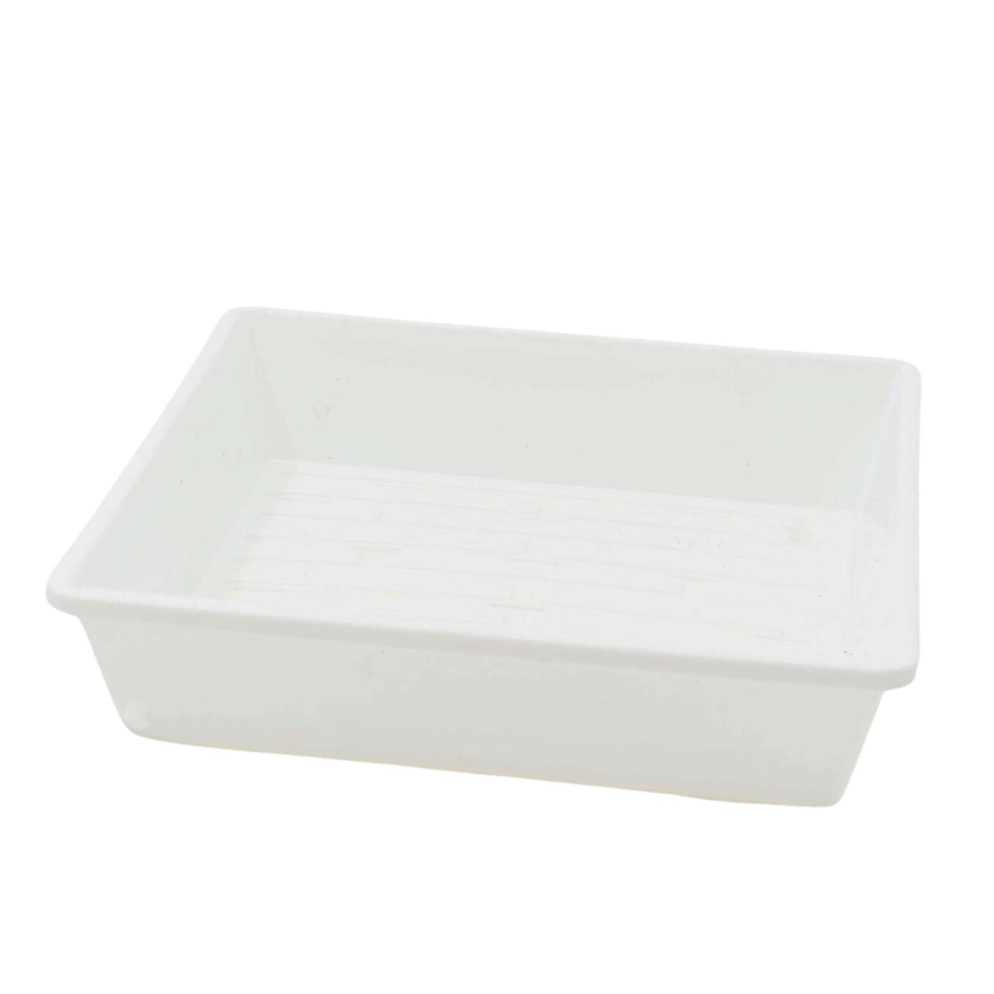 Plastic rectangular tray with a ridged bottom and slightly raised edges showing subtle variations in shade against a white background
