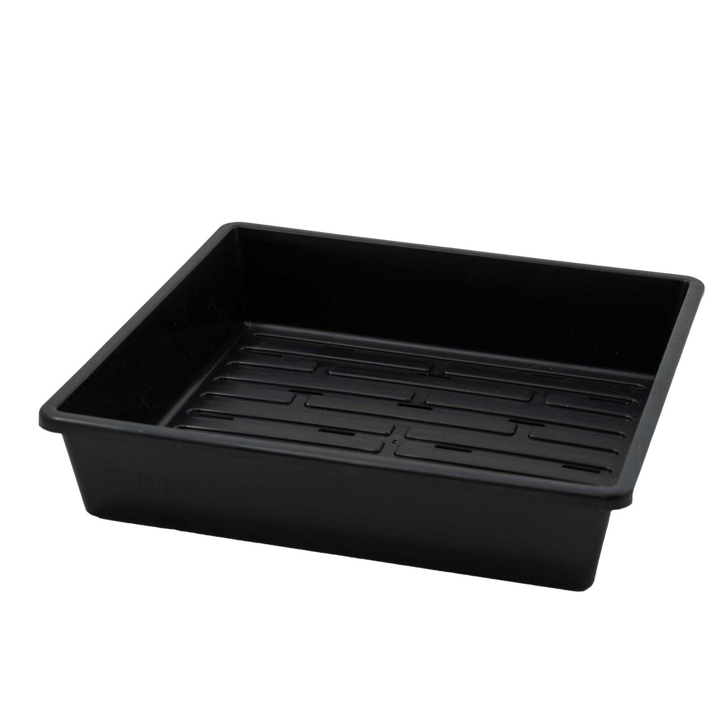 Plastic seedling tray with drainage holes and raised ridges for aeration showing a matte black finish and subtle texture details
