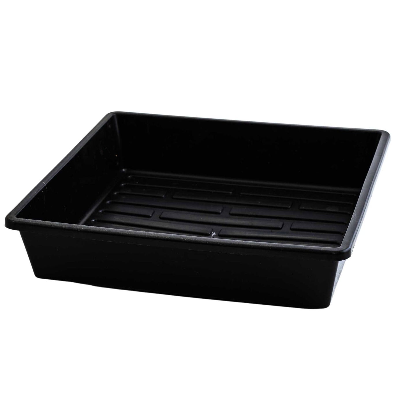 Plastic rectangular tray with ridged bottom and thick black walls showing subtle light reflections
