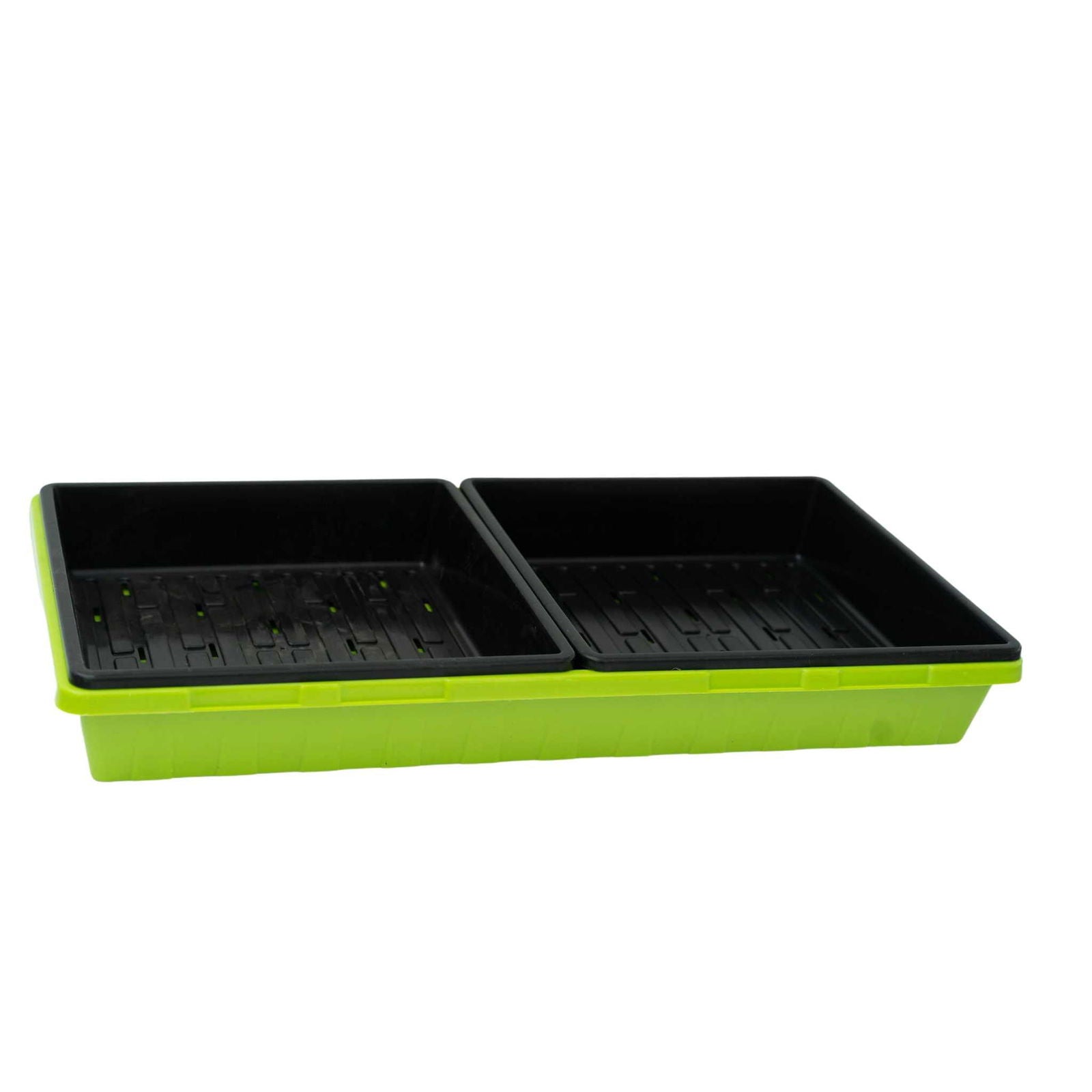 Plastic seedling tray with two black inserts lime green exterior and drainage holes ideal for starting seeds indoors
