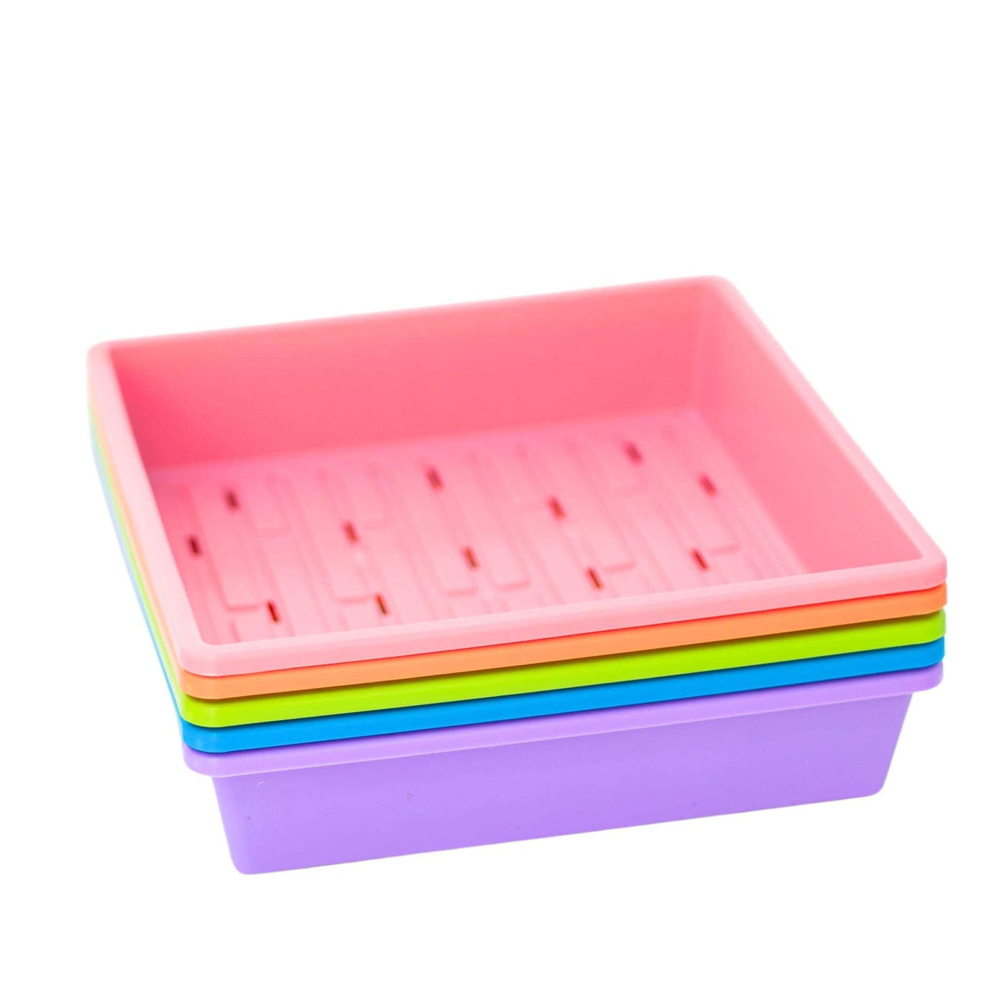 Stack of colorful silicone trays showing pink, orange, green, blue, and purple hues against a white background
