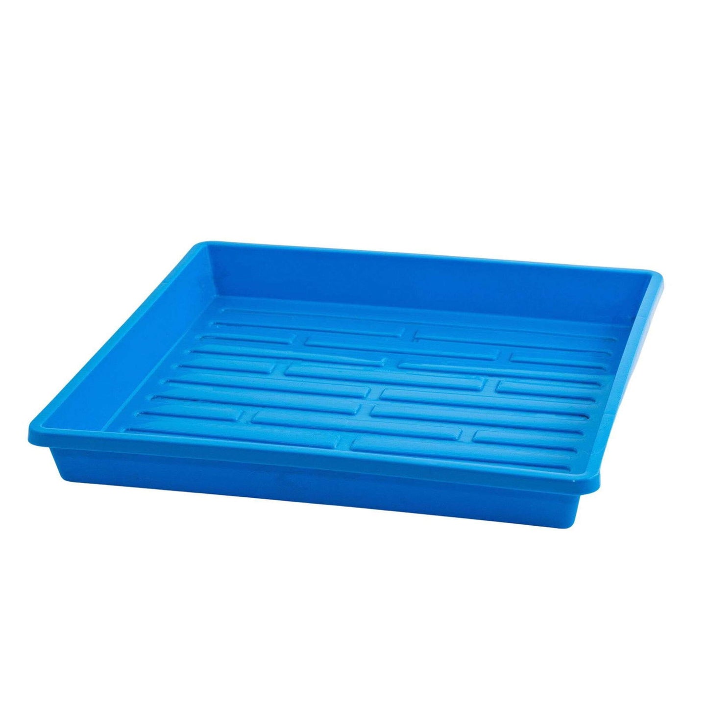 Plastic blue rectangular seedling tray with a textured bottom and raised edges showing vibrant color and smooth surface

