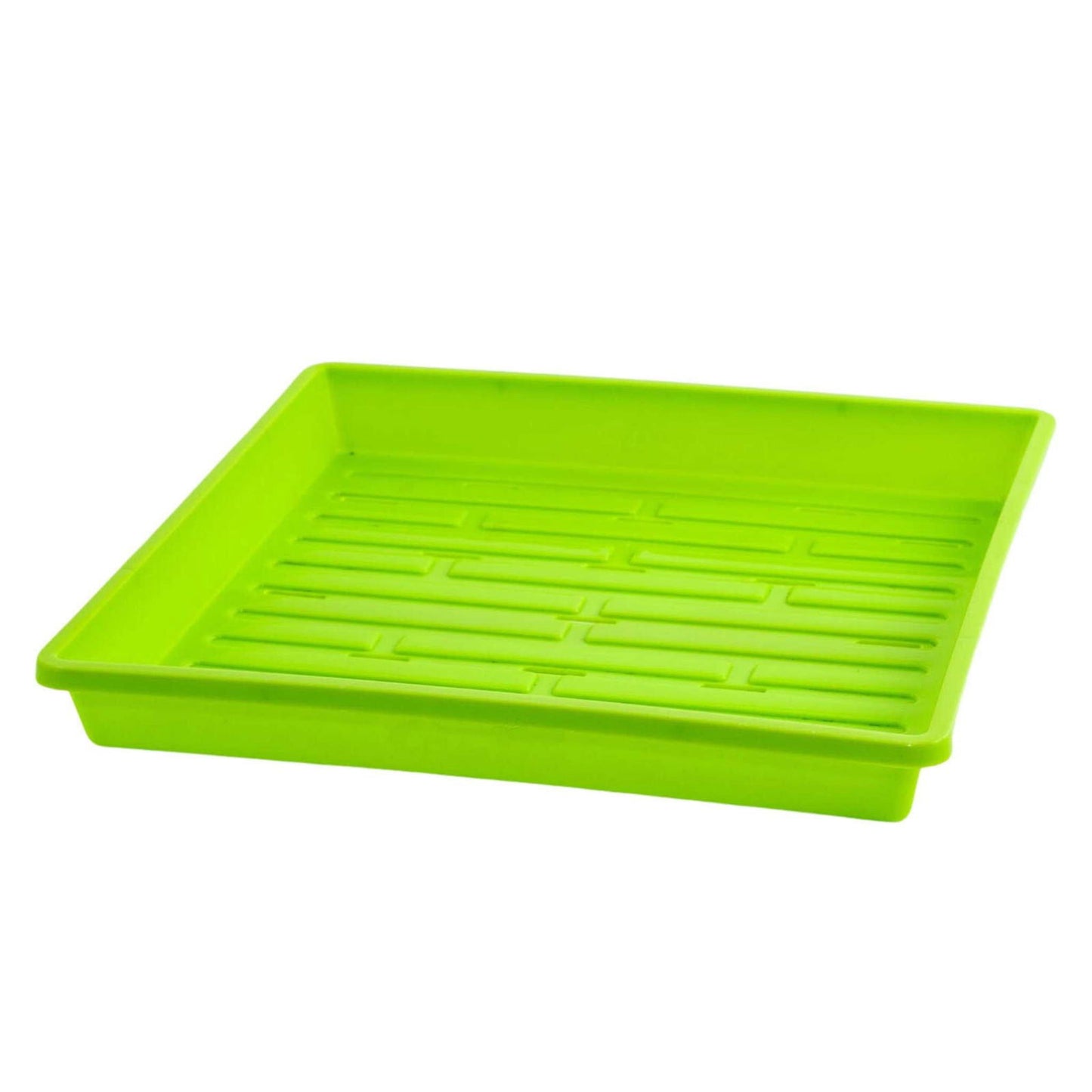 Plastic seed tray vibrant lime green color featuring a gridded bottom for drainage and aeration ideal for starting seeds
