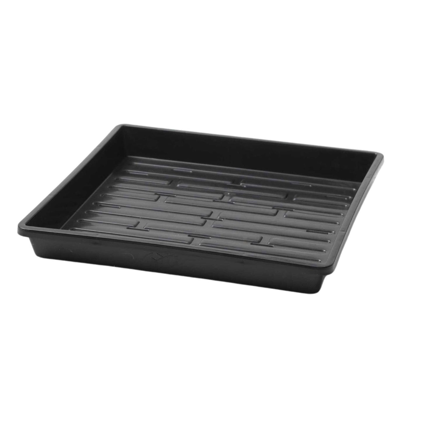 Plastic rectangular seed tray showing a textured bottom with raised rectangular patterns and slightly raised edges for water retention
