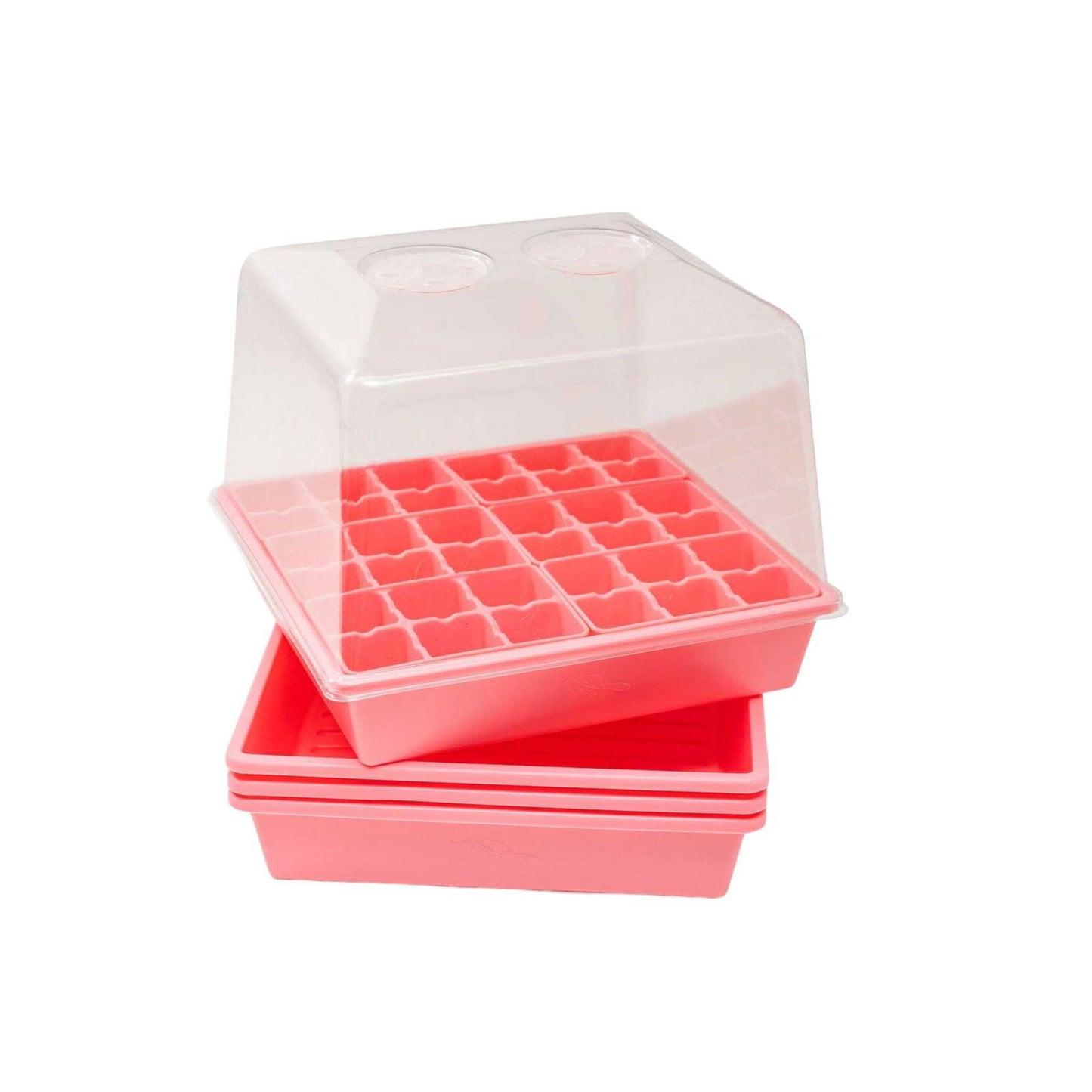 The Bootstrap Farmer 1010 Seed Starter Kit for Backyard Gardeners is a pink plastic tray with a clear domed lid featuring two ventilation holes and multiple small square compartments, ideal for starting seeds indoors. Shown on a white background.