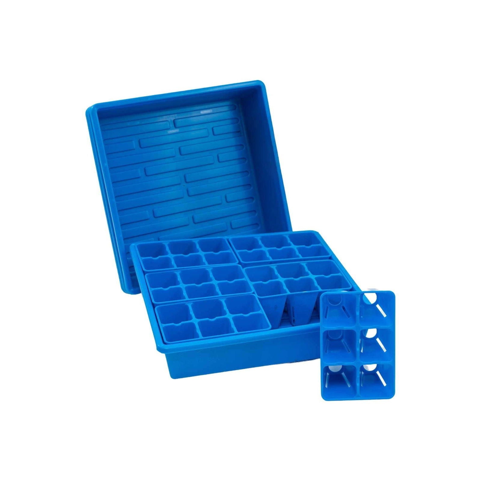 Bootstrap Farmer 1010 seed starter trays with blue humidity domes, ideal for backyard gardeners to start seedlings indoors.