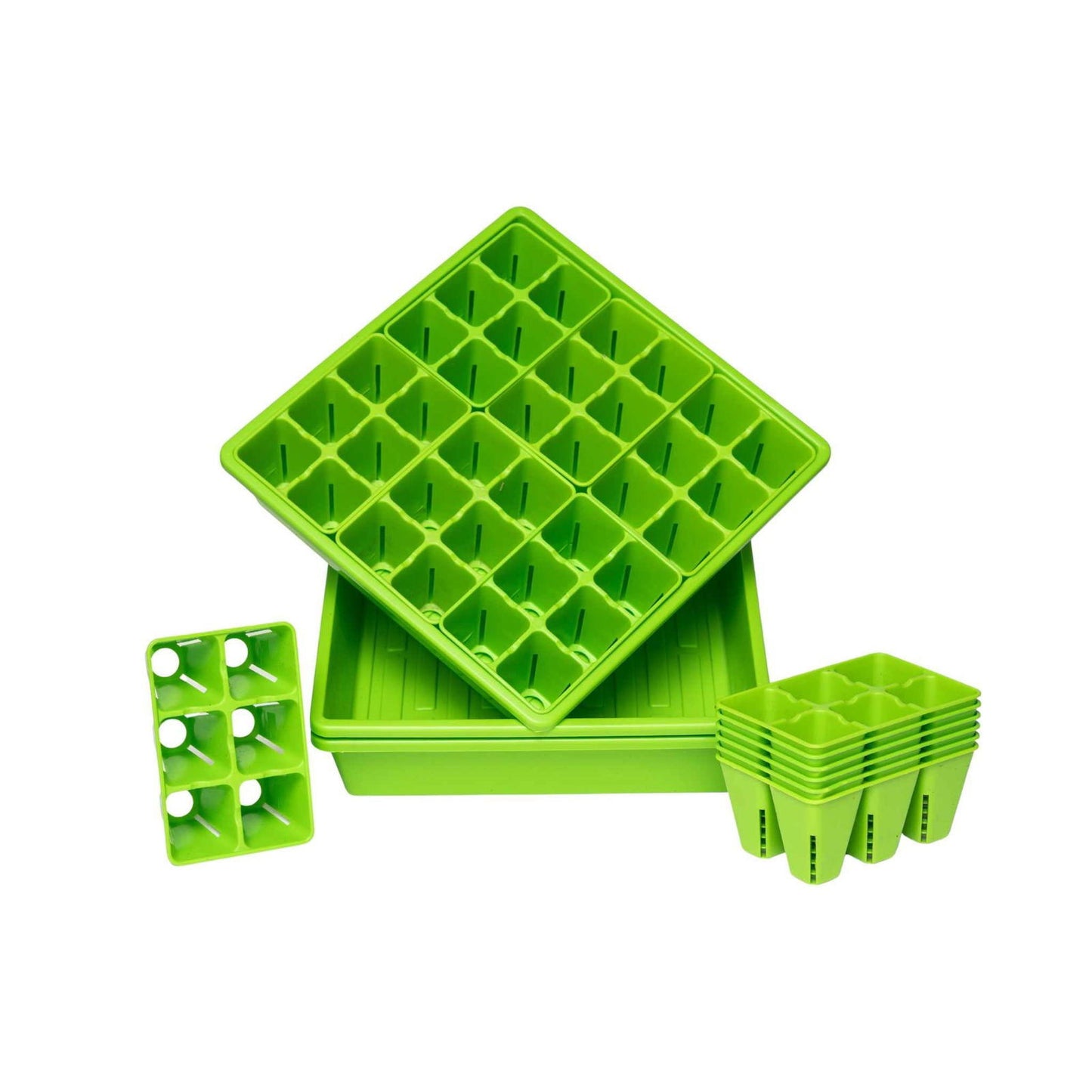 The Bootstrap Farmer 1010 Seed Starter Kit for Backyard Gardeners features bright green plastic trays with multiple square cells, a flat tray, and cell inserts—ideal for starting seeds at home and shown on a white background.