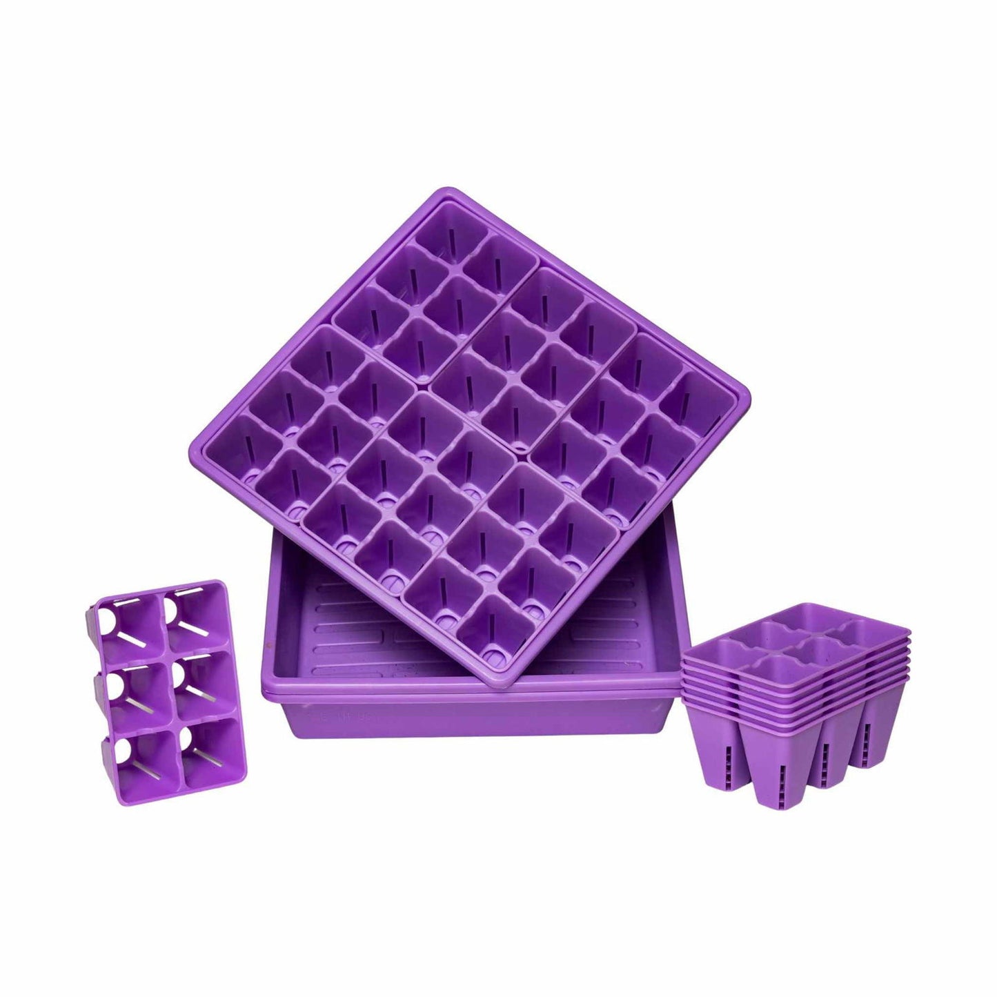 The Bootstrap Farmer 1010 Seed Starter Kit for Backyard Gardeners includes durable purple plastic trays with individual cells, ideal for planting and germinating seeds indoors. Shown stacked and separated for convenience.