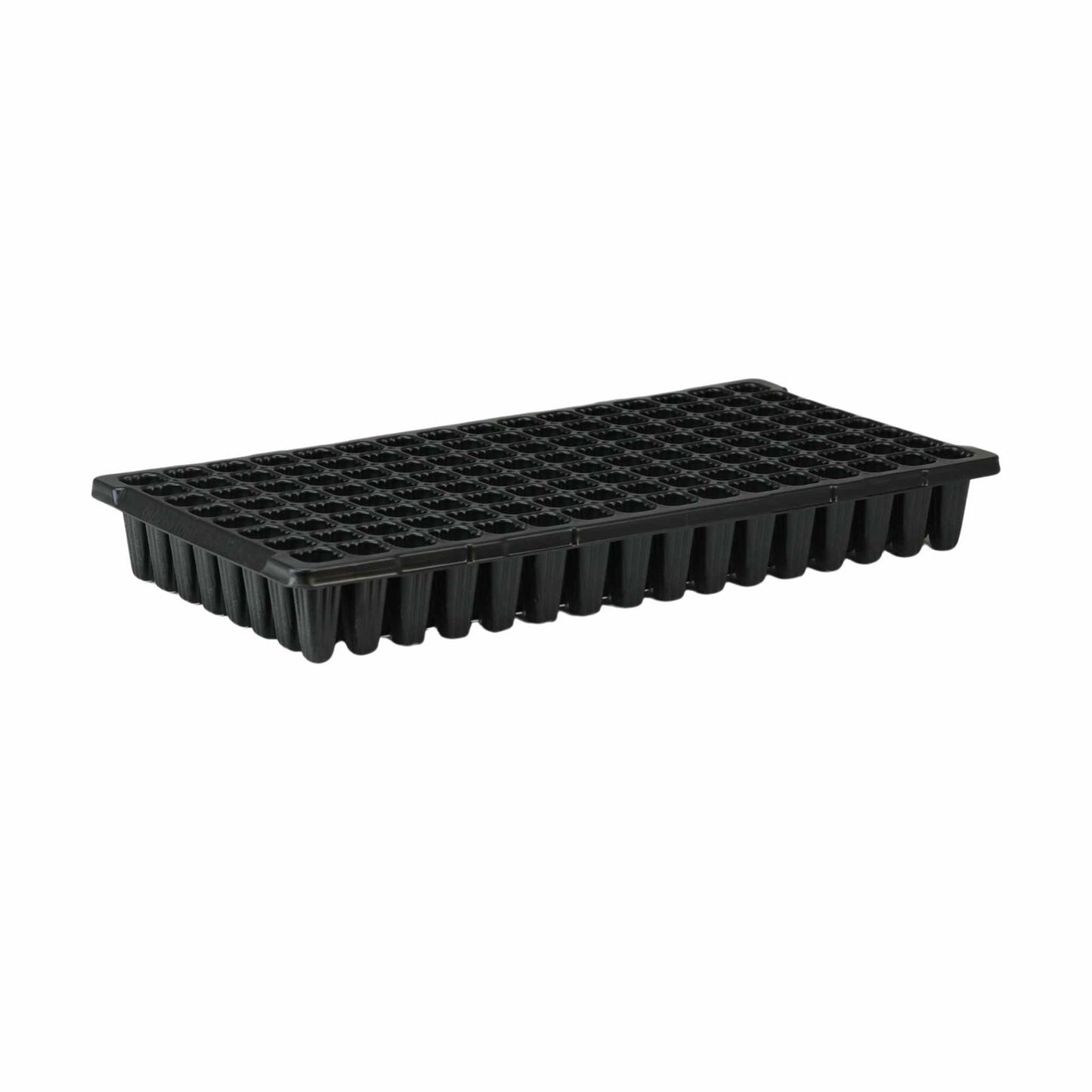 Plastic seed starting tray showing numerous individual cells ideal for starting seeds  with a sleek black design and textured surface