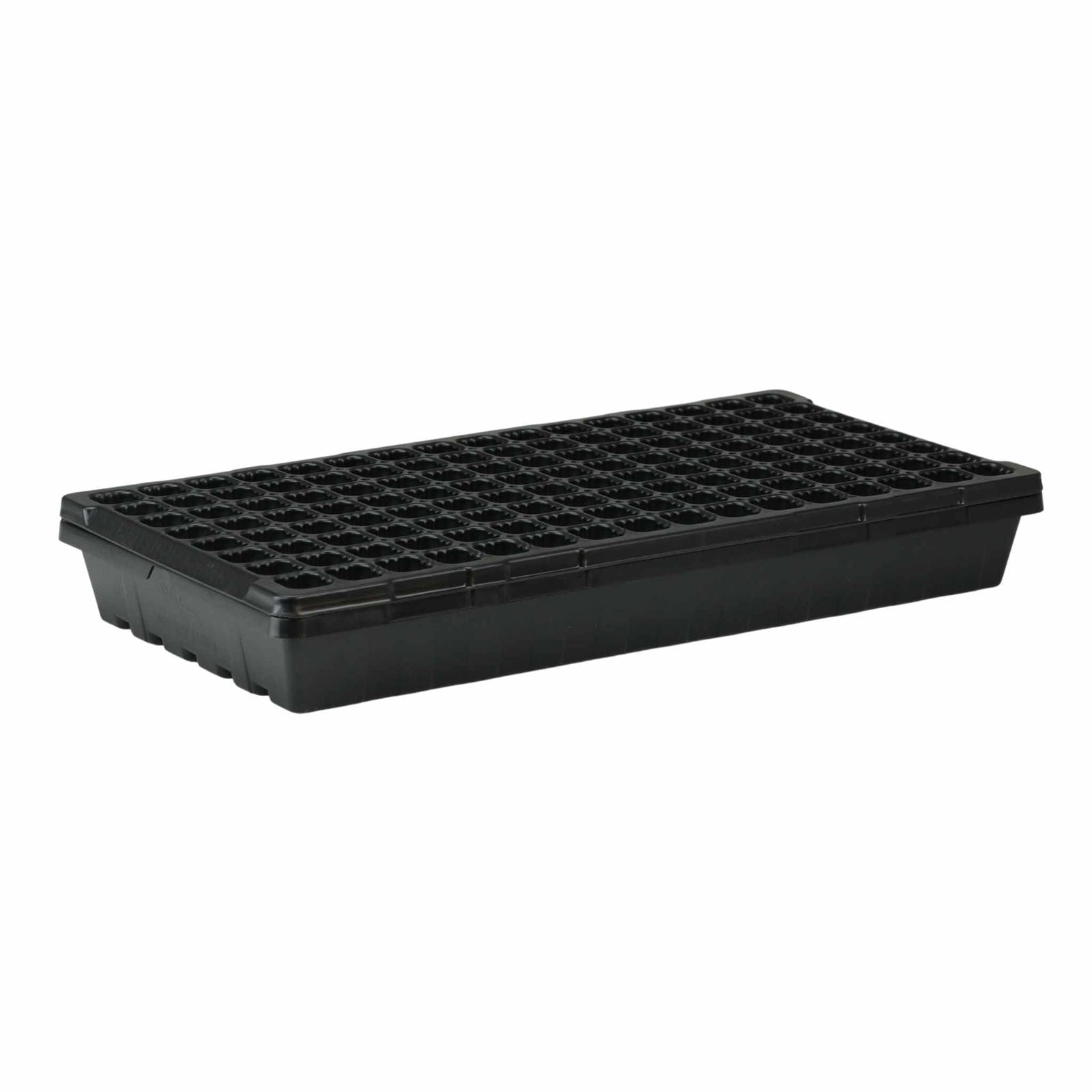 Plastic seed starting tray with numerous individual cells ideal for germination showing a matte black finish and a rectangular shape
