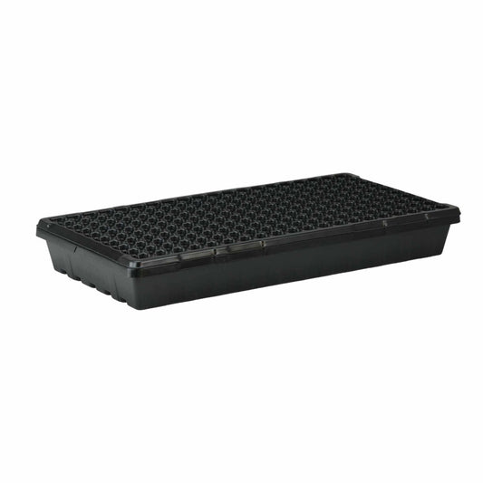 The Bootstrap Farmer Seed Starter Kit features 200 cell 1020 trays and humidity domes, designed in black plastic with multiple small round cells for seed planting, shown from an angle against a white background.