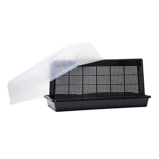 The Bootstrap Farmer Seed Starter Kit includes soil block trays, 1020 trays with grid-patterned inserts, and clear vented humidity domes—ideal for seed starting or growing microgreens.