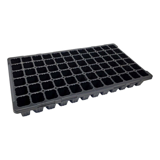 Plastic seed starting tray showing 72 individual cells with ribbed edges and drainage holes against a white background
