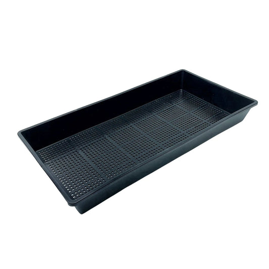 The 1020 Mesh Deep Extra Strength Tray by Bootstrap Farmer is a black, rectangular plastic tray made of heavy-duty polypropylene with a perforated bottom. Perfect for seed or plant growth, it ensures efficient drainage and stands out against a plain white background, highlighting its sturdy design.