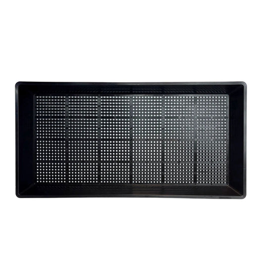 The Bootstrap Farmer 1020 Mesh Deep Extra Strength Trays, made of durable polypropylene, are black rectangular trays with a grid of small square holes, ideal for drainage or soil block propagation when growing seedlings.