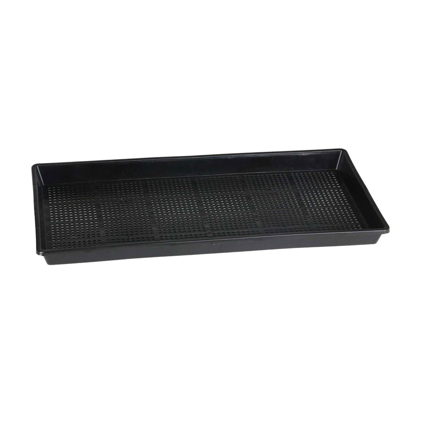 Plastic rectangular seed tray with drainage holes and a matte black finish showing a detailed grid pattern
