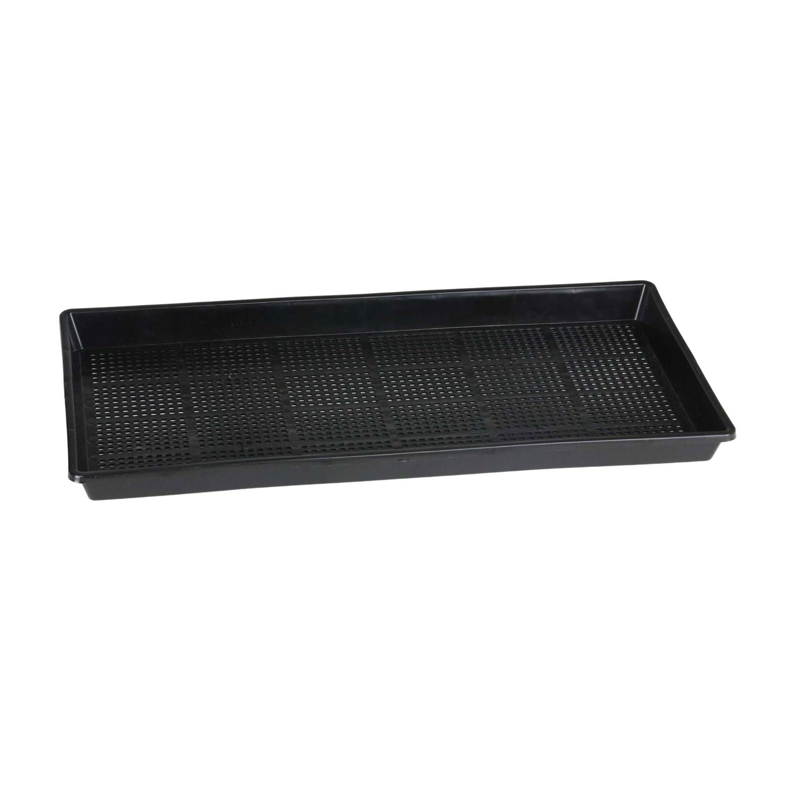 Plastic rectangular seed tray with drainage holes and a matte black finish showing a detailed grid pattern

