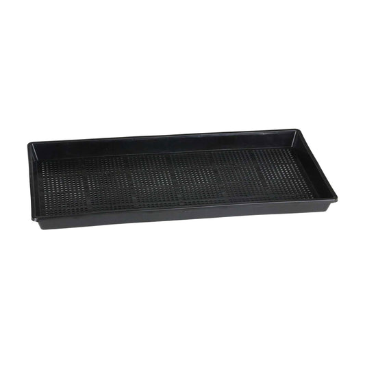 Plastic rectangular seed tray with drainage holes and a matte black finish showing a detailed grid pattern
