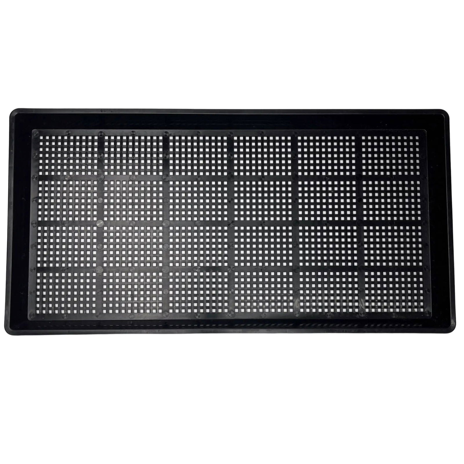 Plastic seedling tray featuring a grid pattern with small drainage holes and a raised black border
