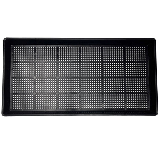Plastic seedling tray featuring a grid pattern with small drainage holes and a raised black border
