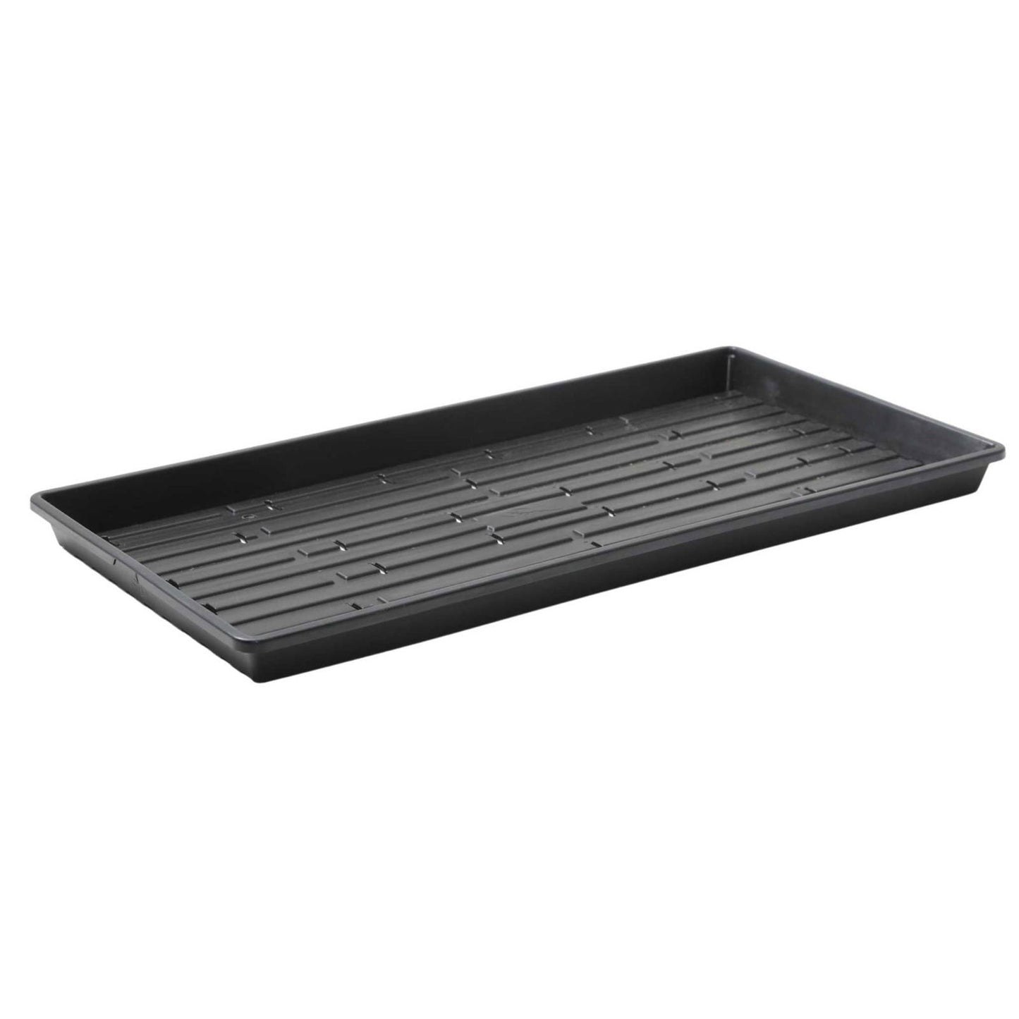 Plastic rectangular seed starting tray with raised gridded bottom for drainage showing textured surface and dark gray color
