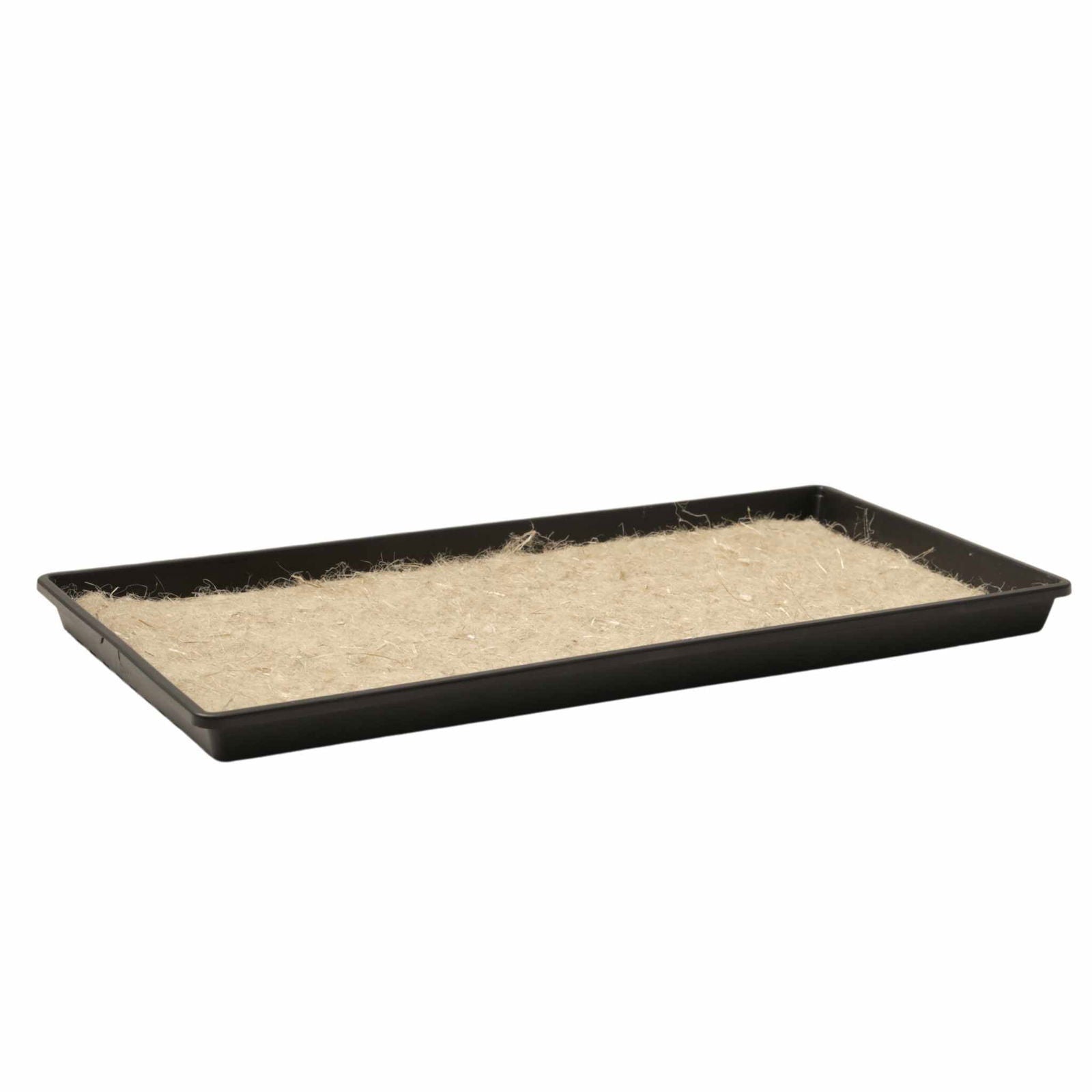 A photograph of a black plastic tray filled with light beige coco coir showing its texture and subtle color variations a gardening supply item ideal for plant propagation