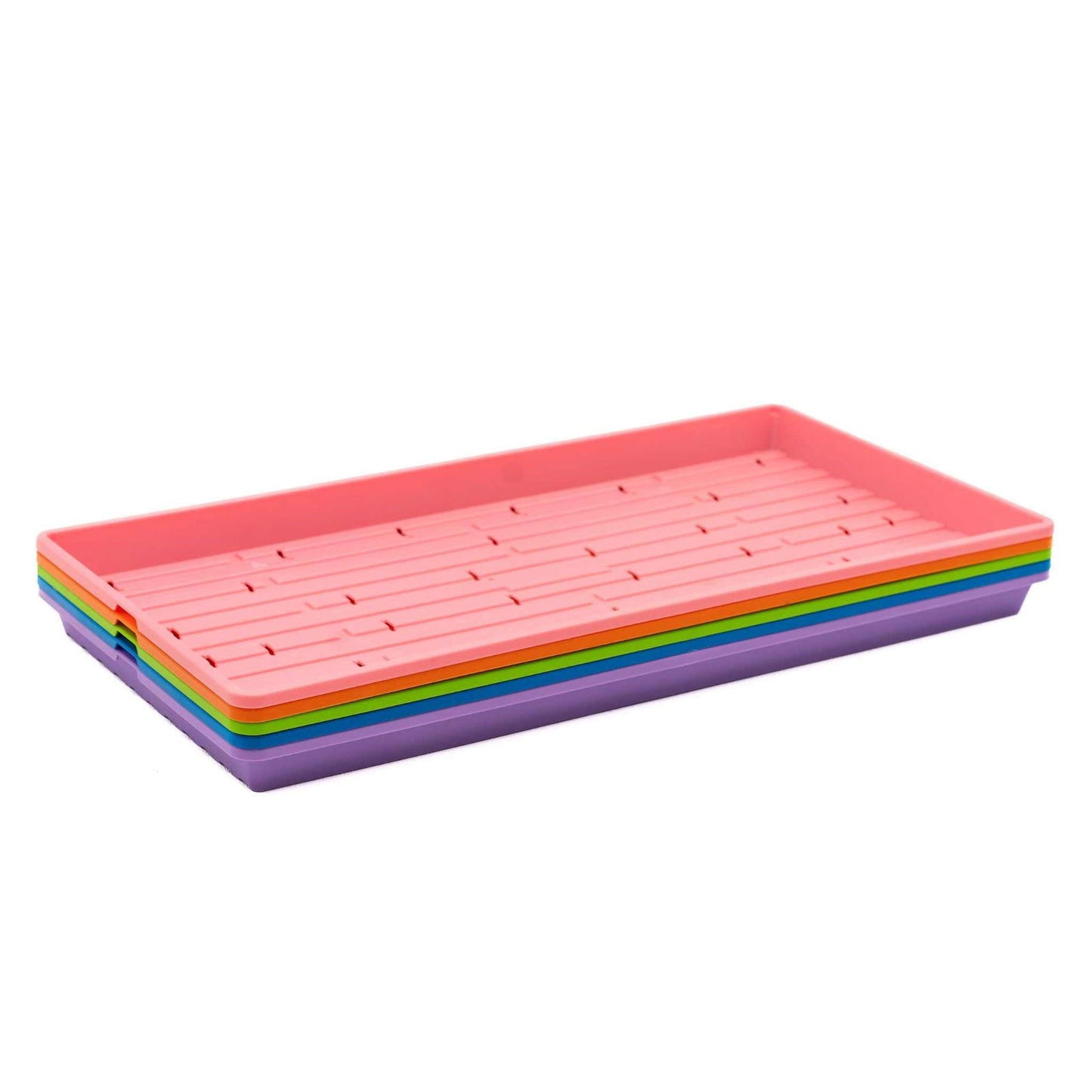 Bootstrap Farmer 1020 Microgreen Trays in vibrant colors, shallow extra strength plastic, no drainage holes for seedling cultivation