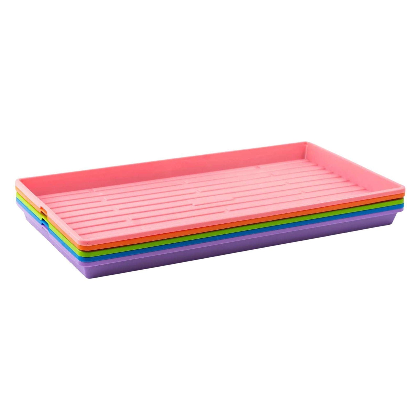 Bootstrap Farmer 1020 Microgreen Trays in vibrant colors, shallow extra strength design, no drainage holes for easy microgreen cultivation.