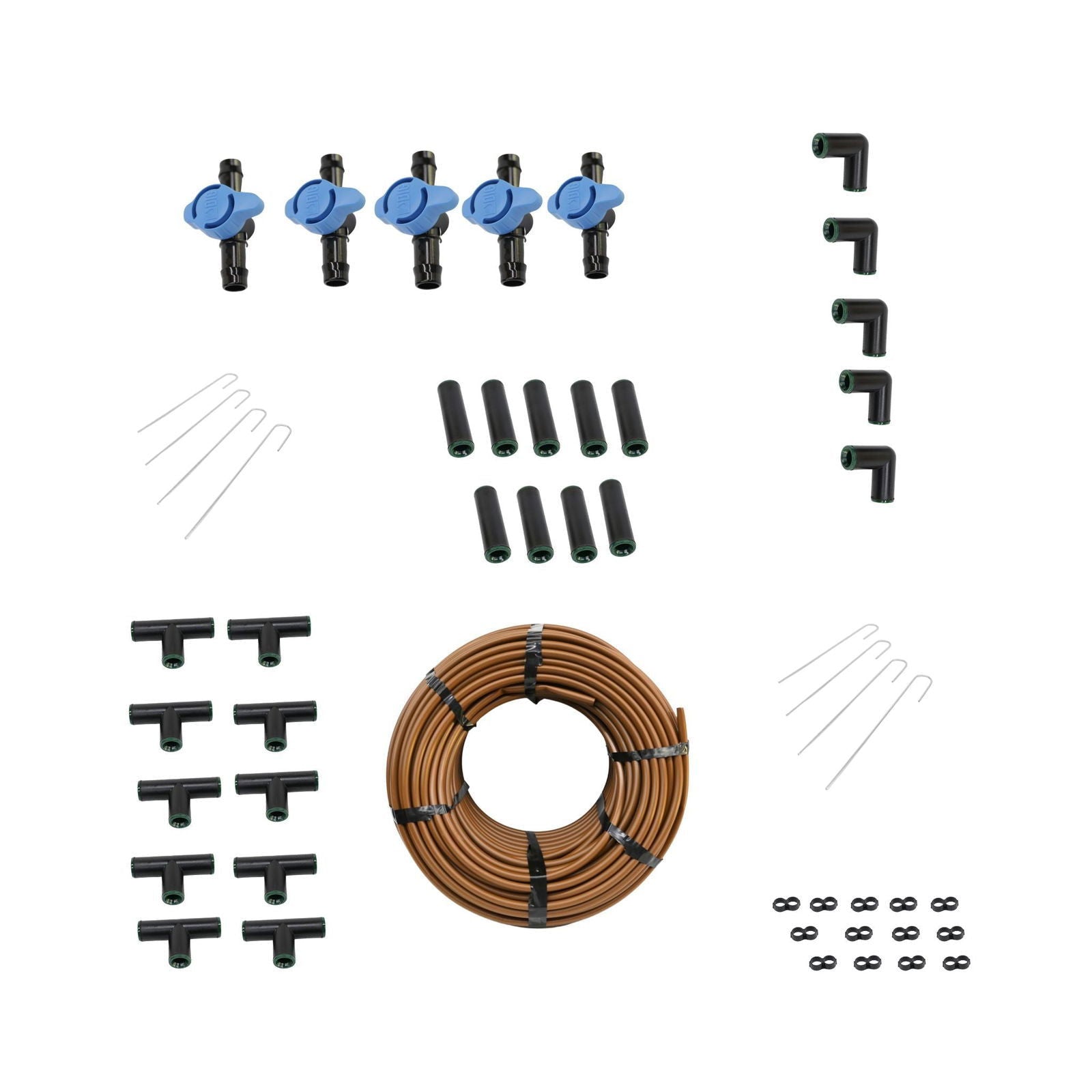 Product shot showing a drip irrigation system kit with brown tubing, blue valves, black connectors, and metal stakes.
