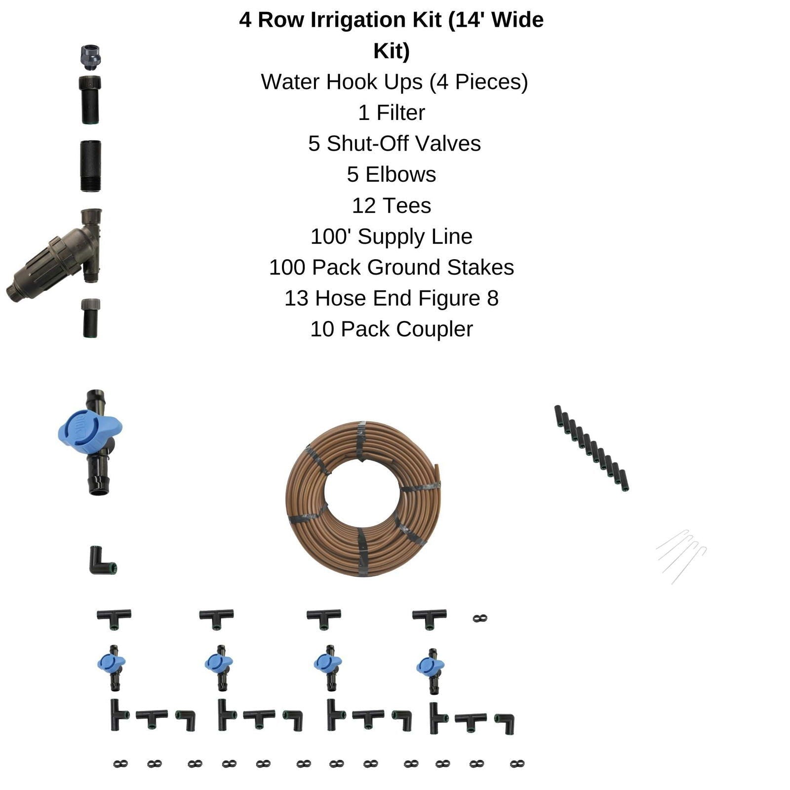 Diagram showing a 4 Row Irrigation Kit including a 100' supply line, blue shut-off valves, brown tubing, and black connectors.
