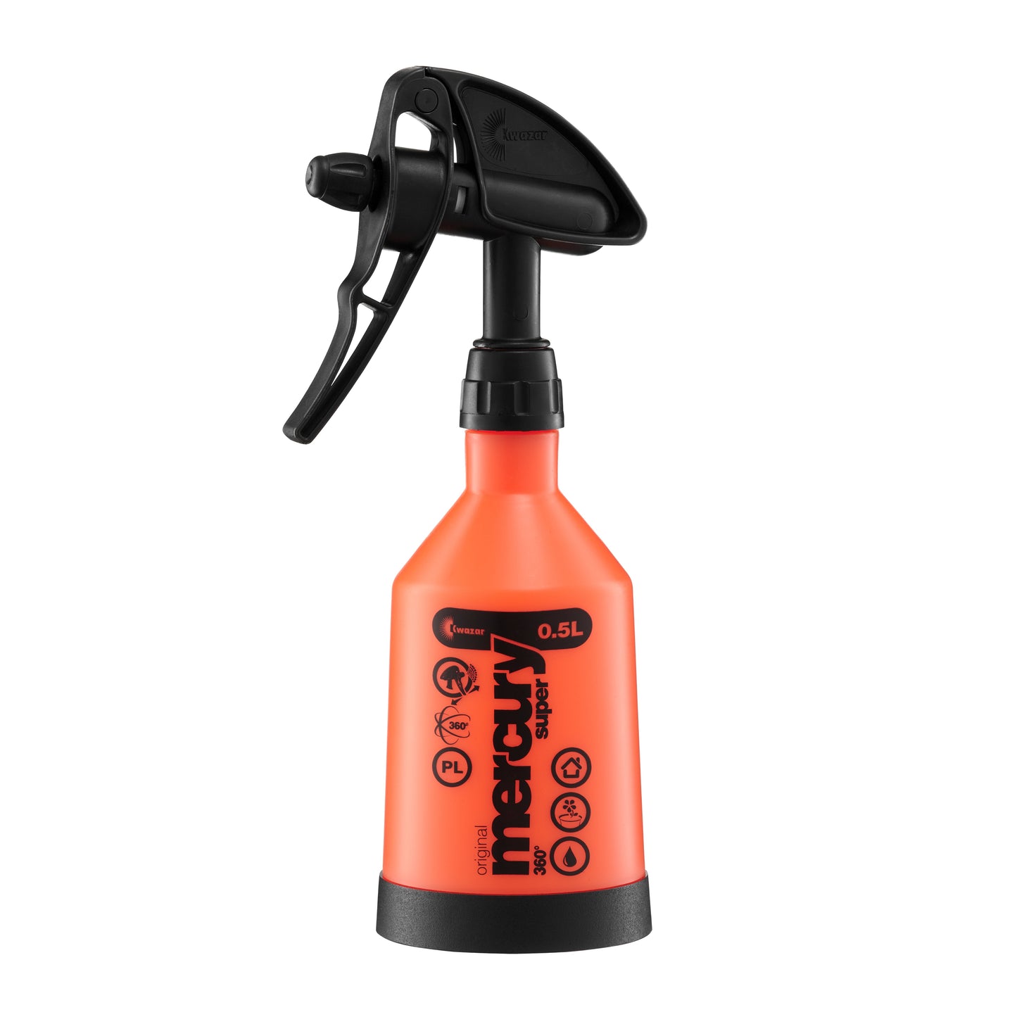 The Kwazar Mercury Trigger Sprayer by Bootstrap Farmer is an ergonomic, orange spray bottle with a black nozzle and handle. It holds 0.5L and features icons/text on the front that highlight its chemical-resistant durability and efficient double-action sprayer design.