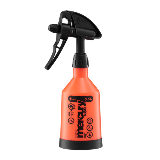 The Kwazar Mercury Trigger Sprayer by Bootstrap Farmer is an ergonomic, orange spray bottle with a black nozzle and handle. It holds 0.5L and features icons/text on the front that highlight its chemical-resistant durability and efficient double-action sprayer design.