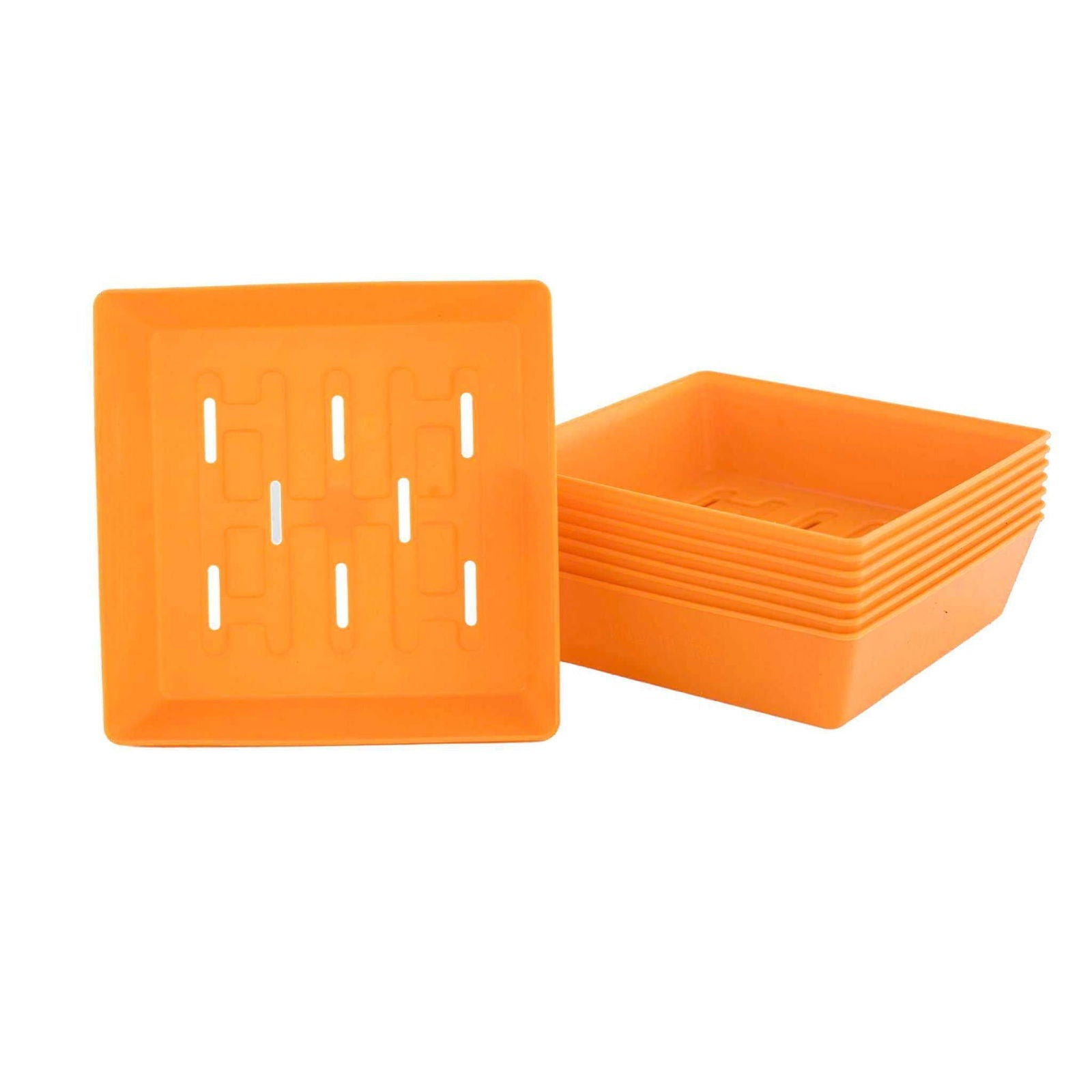 Bootstrap Farmer 5x5 shallow microgreen trays with multicolor inserts, no holes, ideal for microgreen cultivation.
