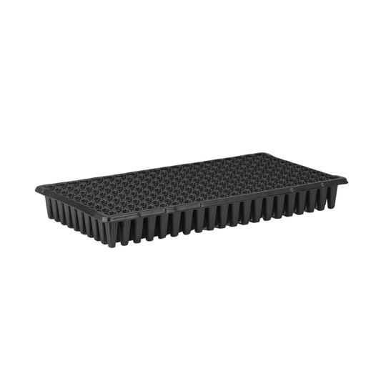 Plastic seedling tray with numerous individual cells a textured surface and a dark gray color showing a rectangular shape ideal for starting seeds