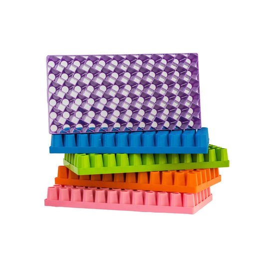 Plastic stackable trays in purple blue green and orange showing a grid pattern and small cup shapes against a white background
