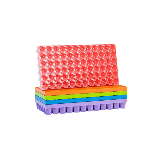 Plastic stackable trays in pink orange green blue and purple showing a geometric pattern and individual compartments for seedlings or ice cubes
