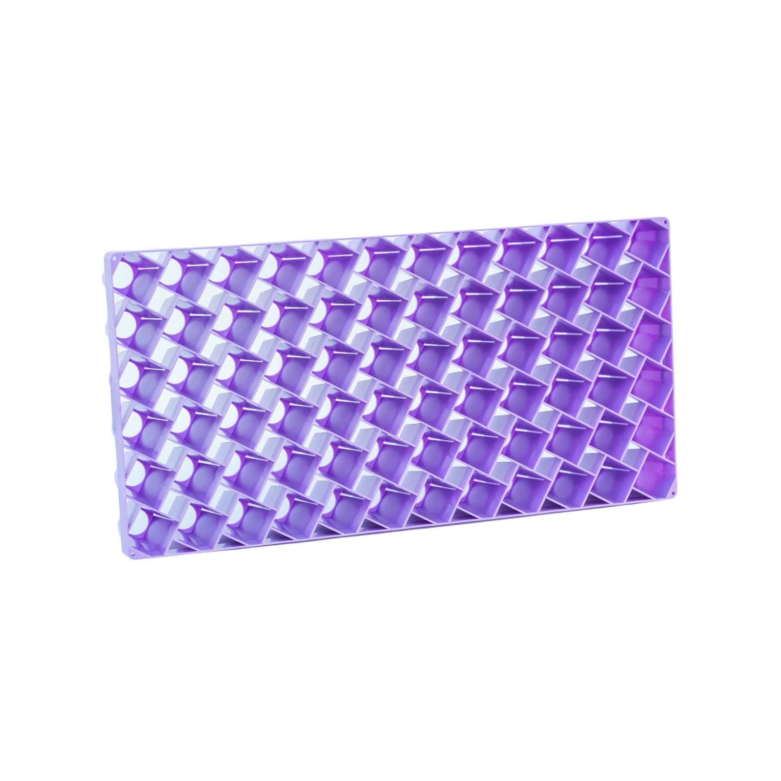 Plastic lavender-colored geometric lattice structure with repeating square and diamond patterns and subtle variations in tone
