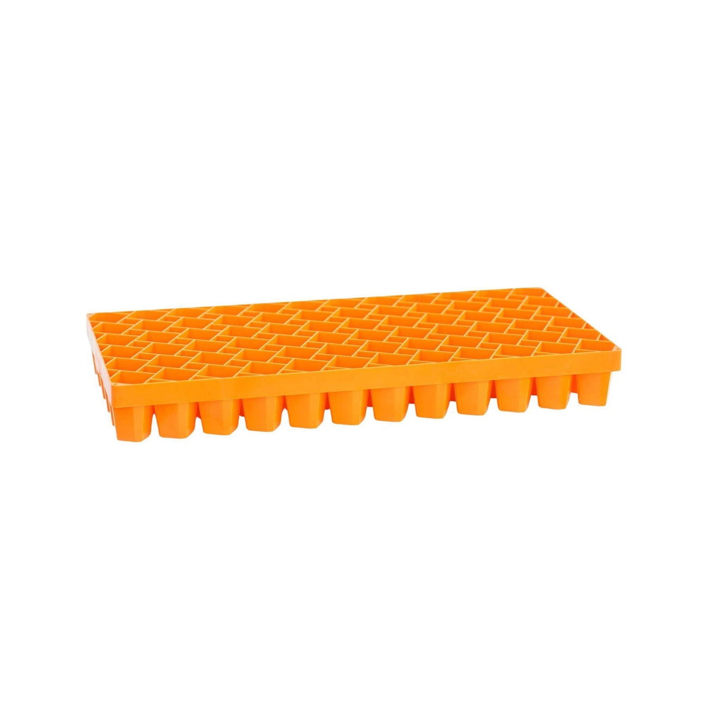 Plastic orange seedling tray with a grid pattern and individual cell compartments showing vibrant color and textured surface
